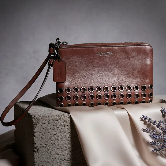 Coach Brown Leather Wristlet with Grommet Accents | Modern Classic Chic Style - Picture 9 of 13